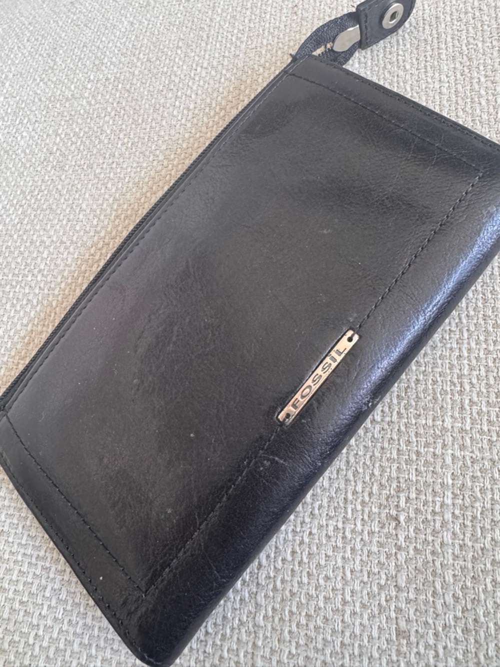 Fossil Black Leather Wristlet Wallet with Gold Logo
